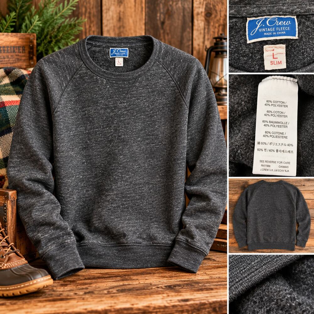 J.Crew Vintage Fleece Sweatshirt Mens L Slim Charcoal Gray Crewneck Raglan